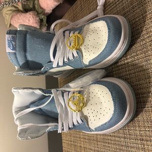 Brand new Denim Jordan’s 1’s, never worn. Men’s size 8.5